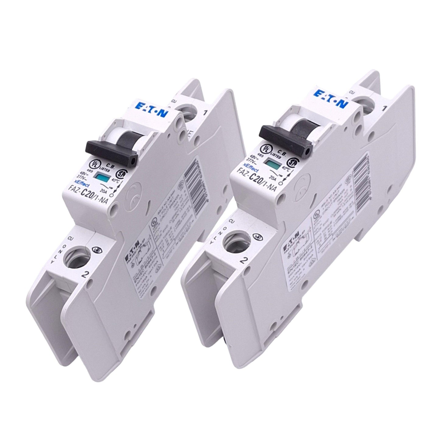 Used Lot of 2 Eaton FAZ-C20/1-NA-SP Circuit Breakers, 1-Pole 20A, 277VAC/48VDC Max