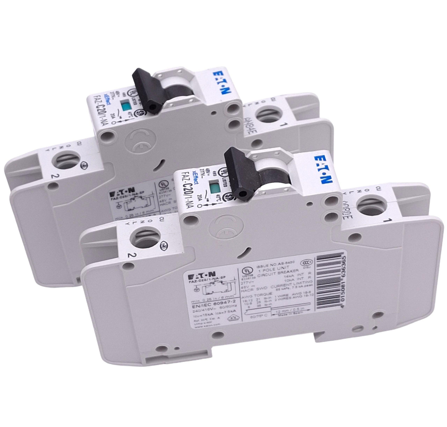 Used Lot of 2 Eaton FAZ-C20/1-NA-SP Circuit Breakers, 1-Pole 20A, 277VAC/48VDC Max
