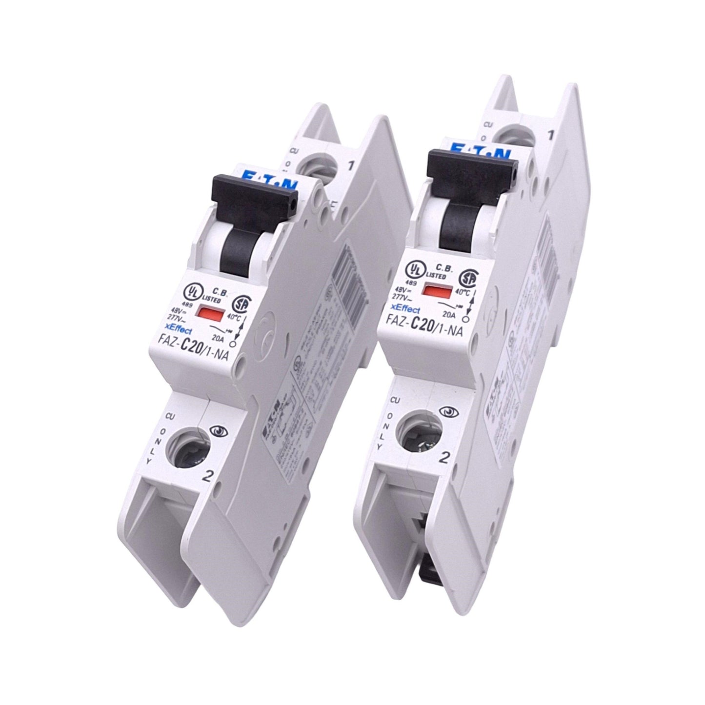Used Lot of 2 Eaton FAZ-C20/1-NA-SP Circuit Breakers, 1-Pole 20A, 277VAC/48VDC Max