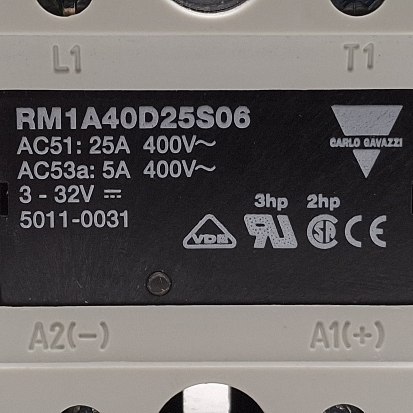 Used Carlo Gavazzi RM1A40D25S06 Solid State Relay, 25A 400VAC Line, 3-32VDC Control