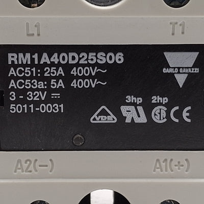 Used Carlo Gavazzi RM1A40D25S06 Solid State Relay, 25A 400VAC Line, 3-32VDC Control