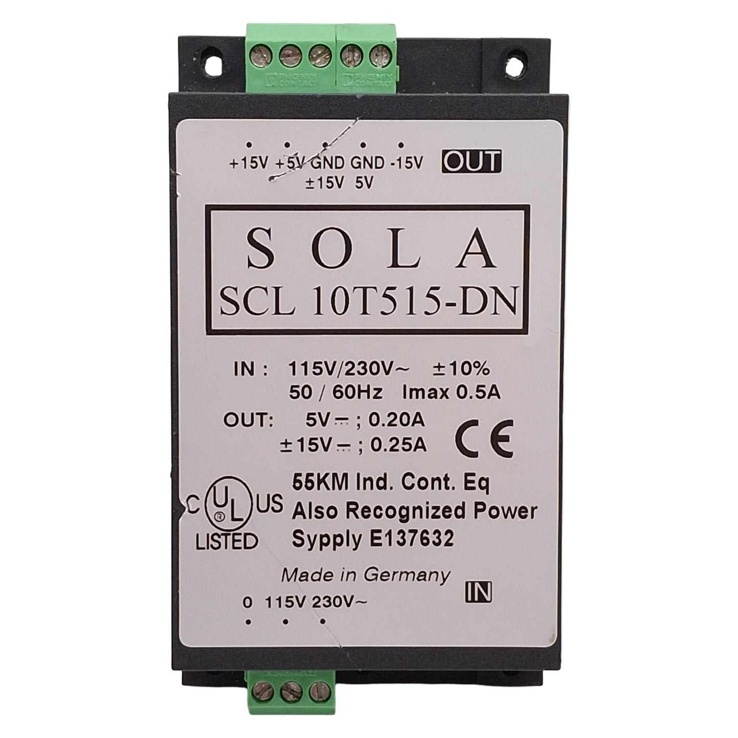 Used Sola SCL 10T515-DN Power Supply, 115/230VAC Input, +5VDC & ±15VDC Outputs, 10W