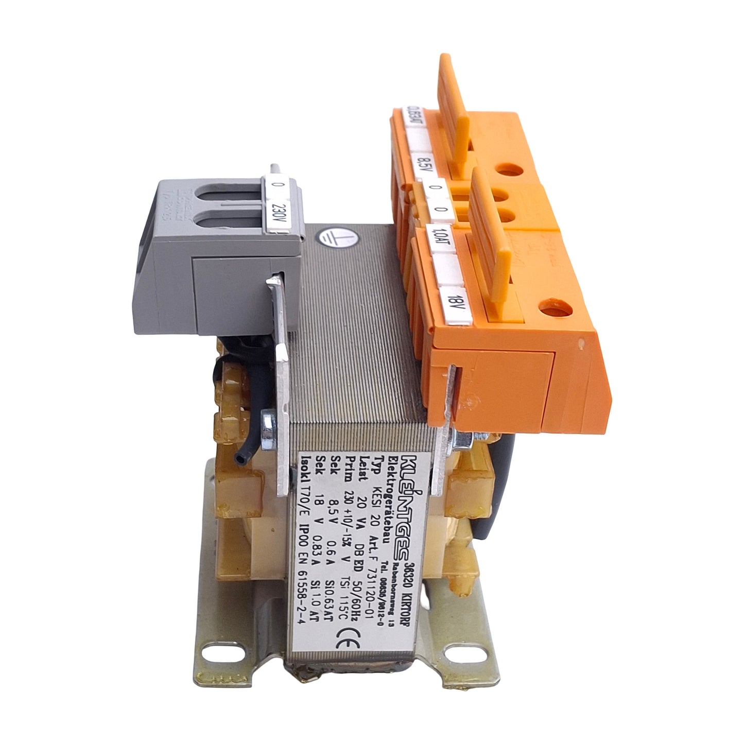 Used Kleintges KESI20 731120-01 Transformer, 20VA, 230VAC Primary, 8.5/18V Secondary