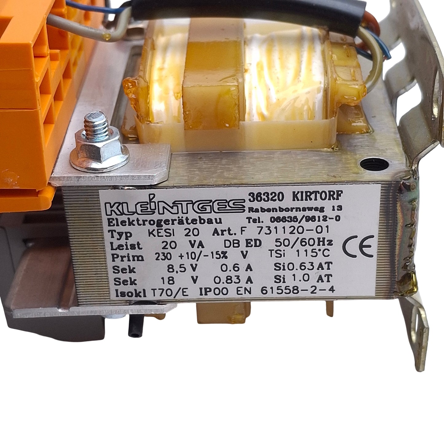 Used Kleintges KESI20 731120-01 Transformer, 20VA, 230VAC Primary, 8.5/18V Secondary