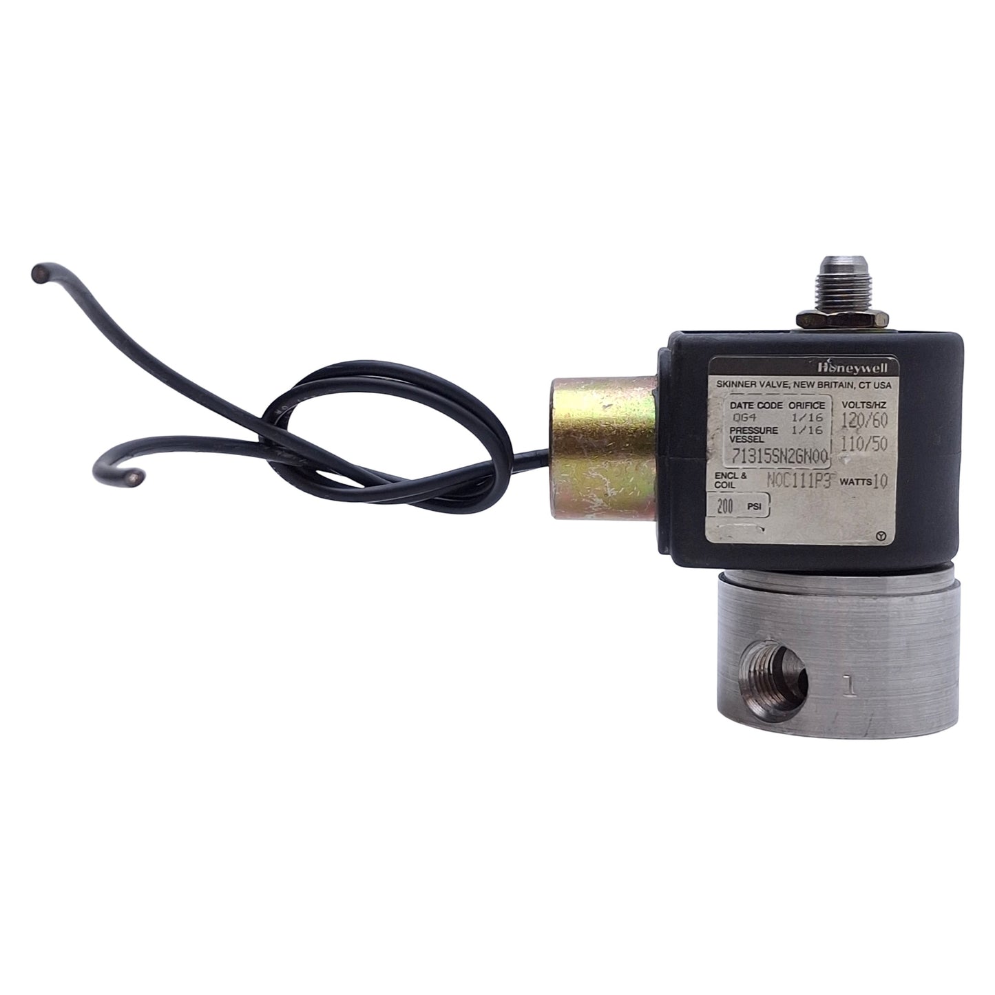 Used Honeywell 71315SN2GN00 3-Way NC SS Solenoid Valve, 1/4" NPT Ports, 24VDC, 200psi