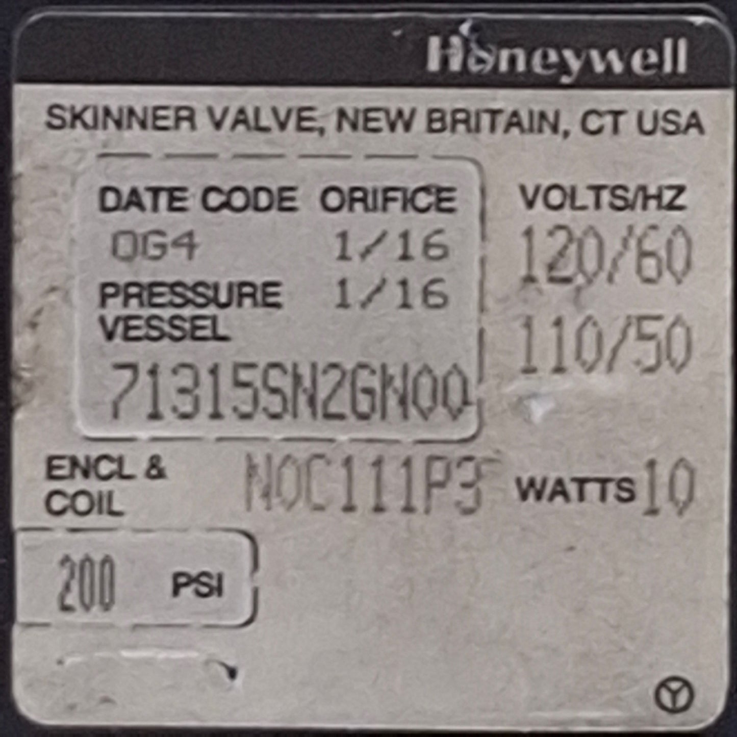 Used Honeywell 71315SN2GN00 3-Way NC SS Solenoid Valve, 1/4" NPT Ports, 24VDC, 200psi