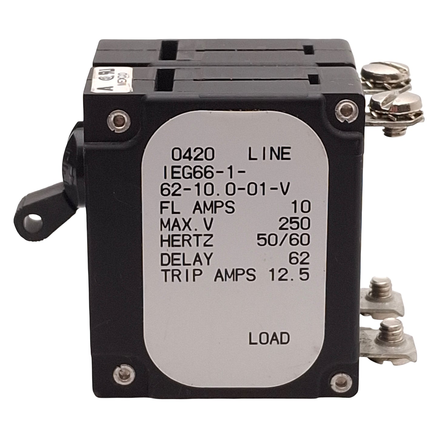 Used Airpax IEG66-1-62-10.0-01-V Circuit Breaker, 2-Pole, 10A 250VAC, Screw Terminals
