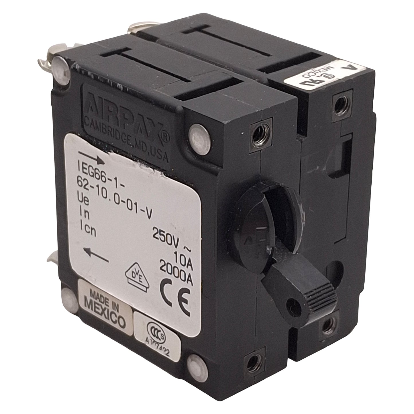 Used Airpax IEG66-1-62-10.0-01-V Circuit Breaker, 2-Pole, 10A 250VAC, Screw Terminals