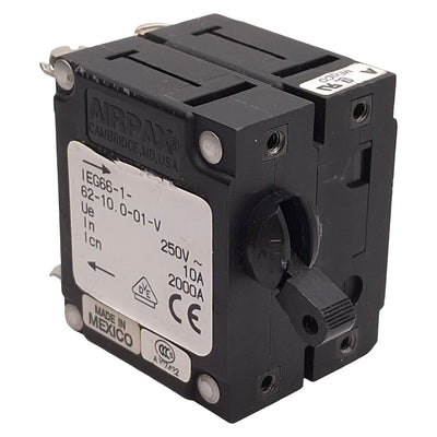 Used Airpax IEG66-1-62-10.0-01-V Circuit Breaker, 2-Pole, 10A 250VAC, Screw Terminals