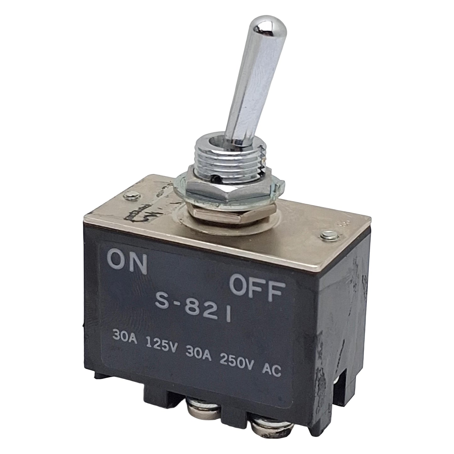 Used NKK S821 Toggle Switch, DPST ON-OFF, 30A 125VAC/30VDC, 750W, M12, 12.5mm Panel