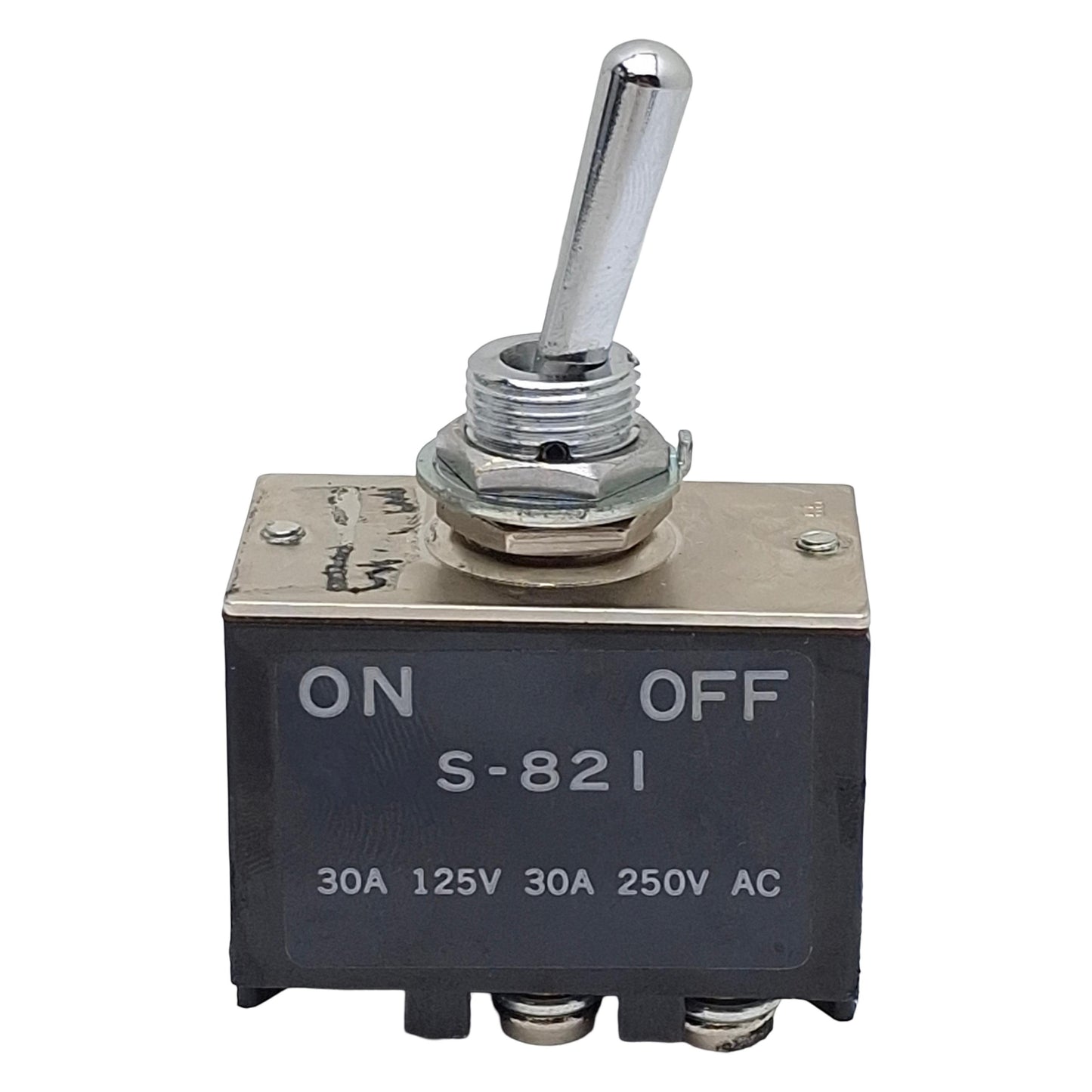 Used NKK S821 Toggle Switch, DPST ON-OFF, 30A 125VAC/30VDC, 750W, M12, 12.5mm Panel