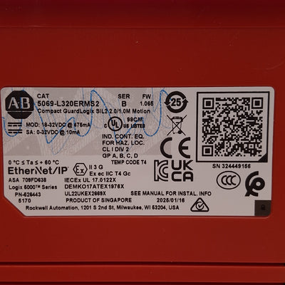 Used Allen Bradley 5069-L320ERMS2 Compact Guardlogix 5380 Safety Controller, 18-32VDC