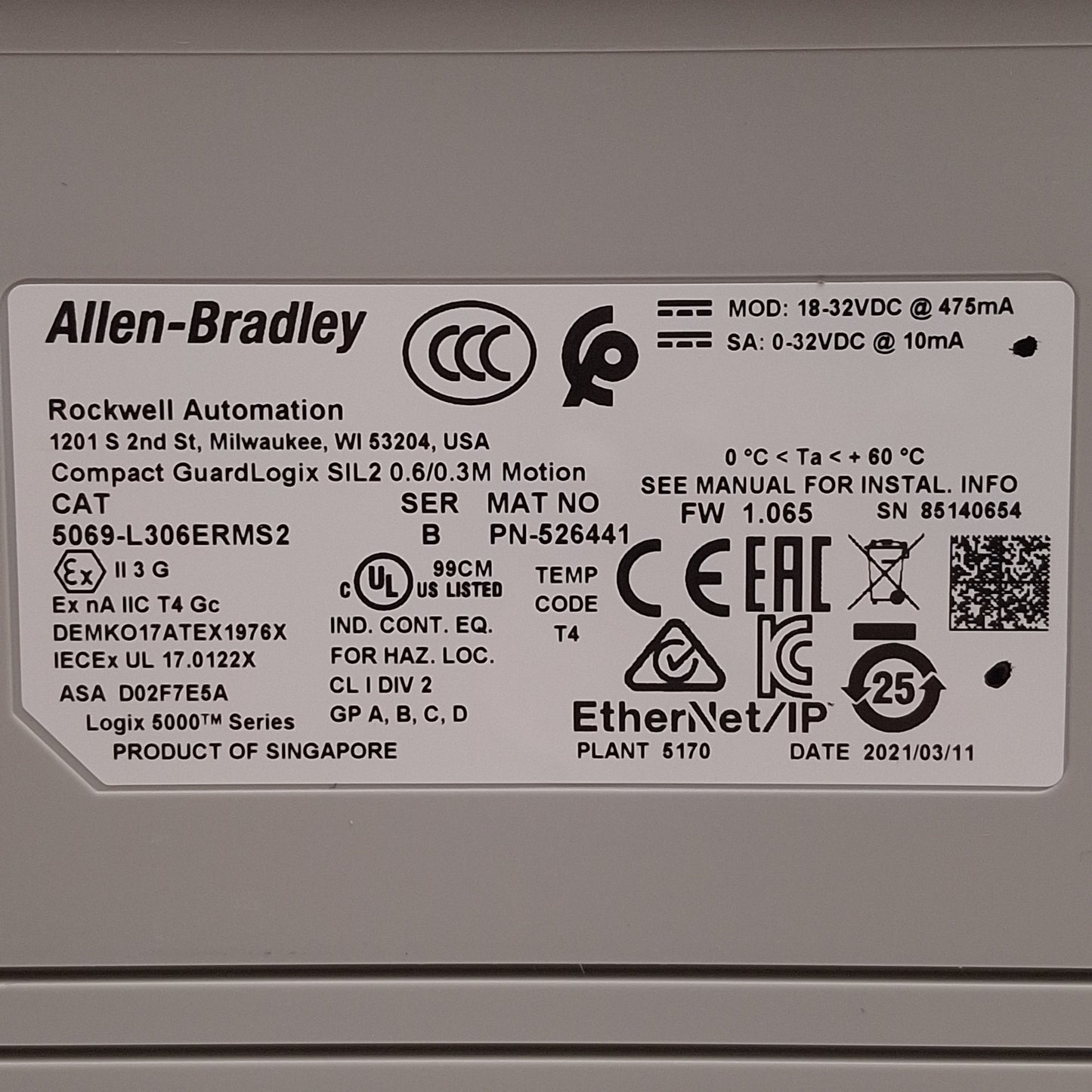 Used Allen Bradley 5069-L306ERMS2 Compact Guardlogix 5380 Safety Controller, 18-32VDC