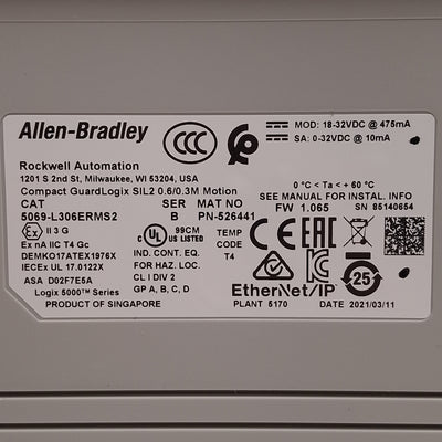 Used Allen Bradley 5069-L306ERMS2 Compact Guardlogix 5380 Safety Controller, 18-32VDC