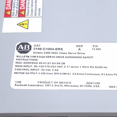 Used Allen Bradley 2198-C1004-ERS Kinetix 5300 Servo Drive, 1-Axis, 115/230VAC 1/3PH