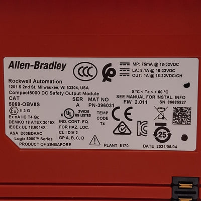 Used Allen Bradley 5069-OBV8S FW 2.011 Compact 5000 DC Safety Output Module 8-Channel