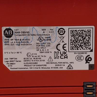 Used Allen Bradley 5069-OBV8S FW 3.011 Compact 5000 DC Safety Output Module 8-Channel