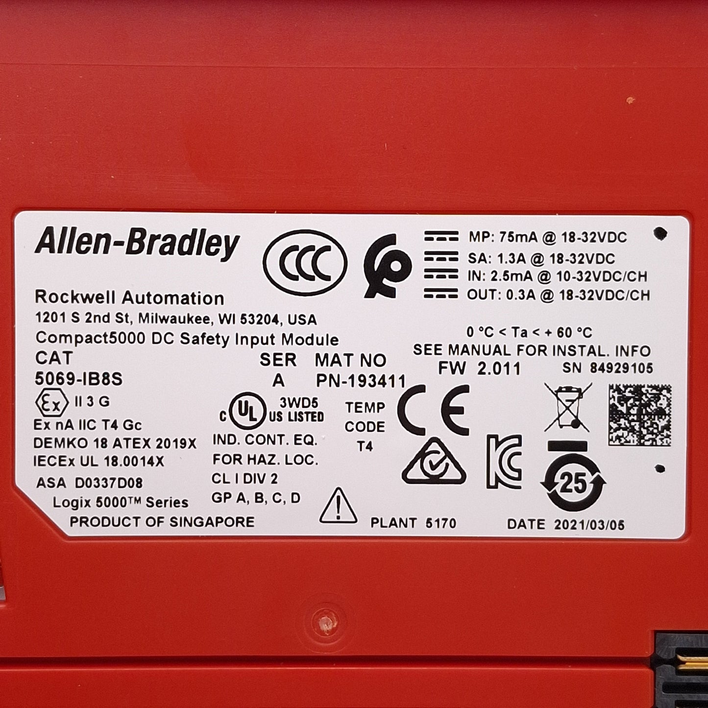 Used Allen Bradley 5069-IB8S FW 2.011 Compact 5000 DC Safety Input Module, 8-Channel