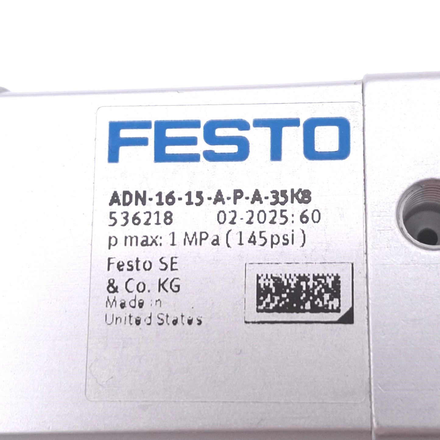 Used Festo ADN-16-15-A-P-A-35K8 Compact Cylinder, 16mm Bore, 15mm Stroke, 145psi Max
