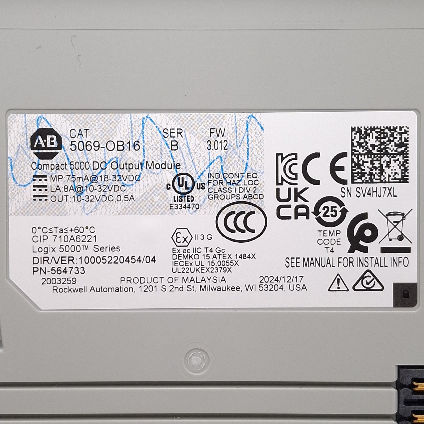 Used Allen Bradley 5069-OB16 FW 3.012 Compact 5000 DC Output Module, 16-Channel