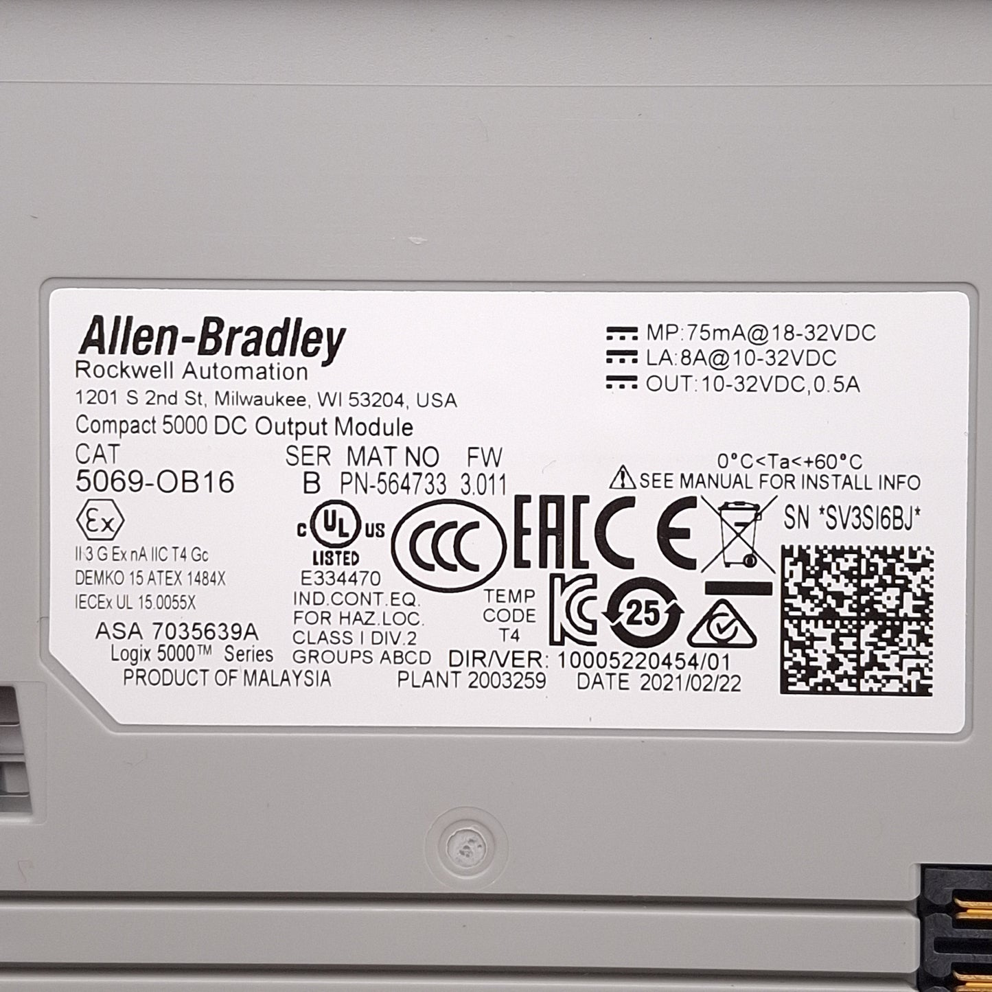 Used Allen Bradley 5069-OB16 FW 3.011 Compact 5000 DC Output Module, 16-Channel