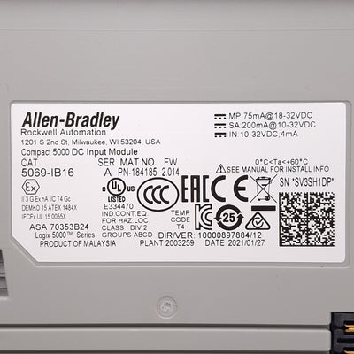 Used Allen Bradley 5069-IB16 FW 2.014 Compact 5000 DC Input Module, 16-Channel