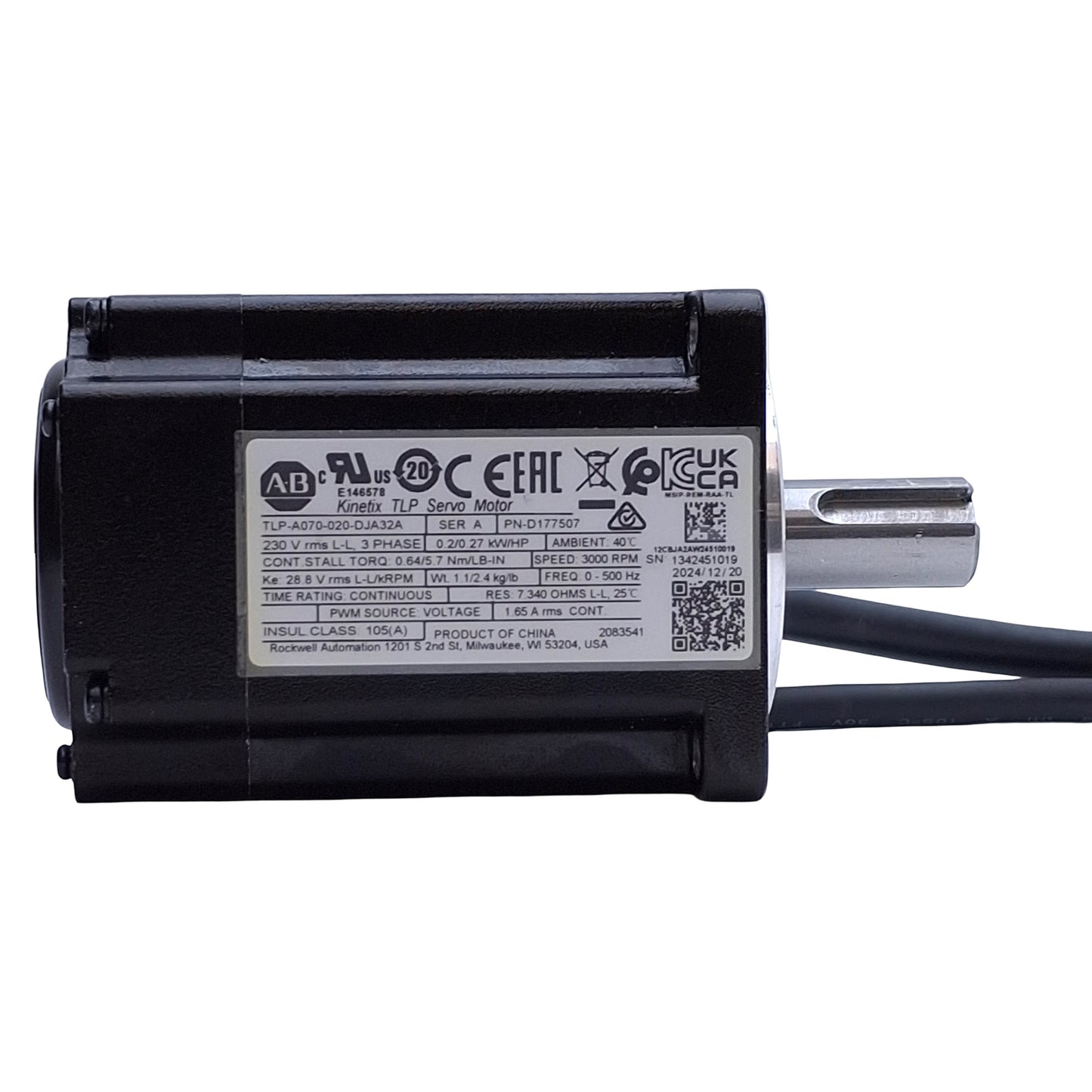 Used Allen Bradley TLP-A070-020-DJA32A Servo Motor 0.2kW, 230VAC, 6000rpm, 70mm Frame