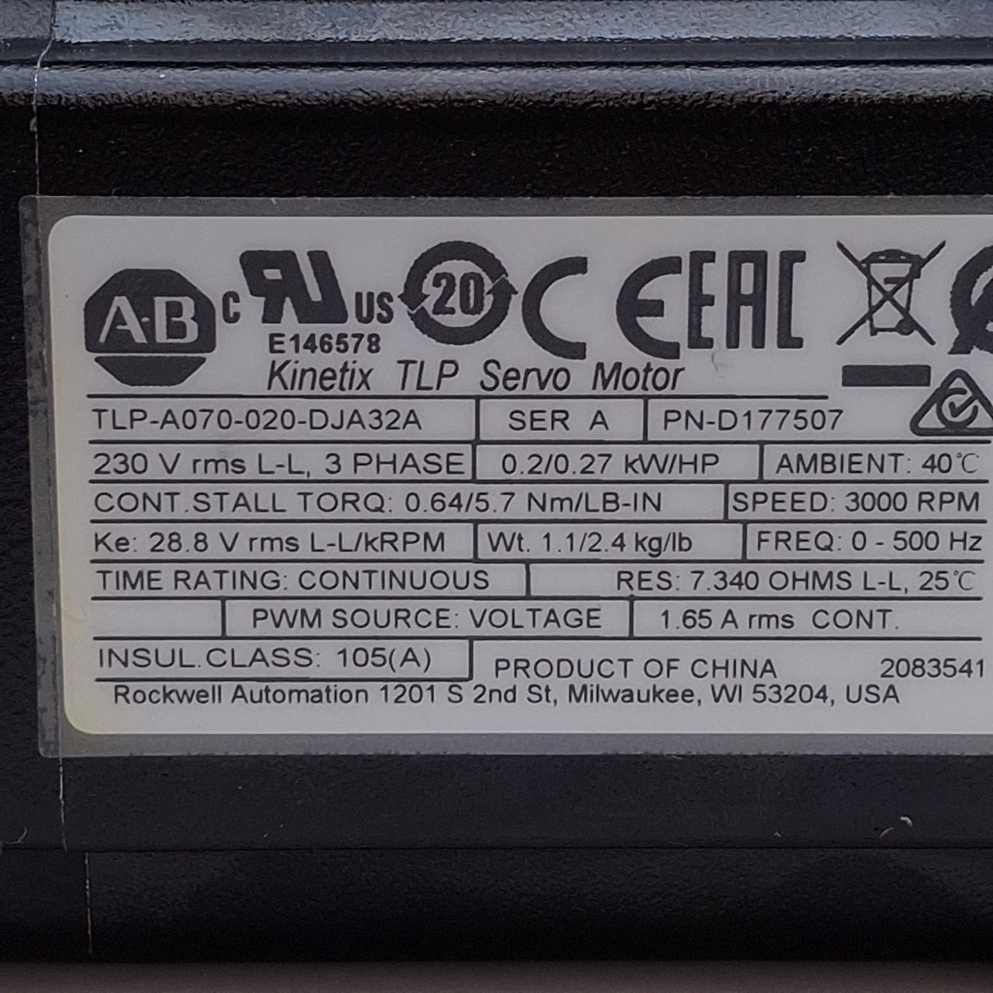 Used Allen Bradley TLP-A070-020-DJA32A Servo Motor 0.2kW, 230VAC, 6000rpm, 70mm Frame
