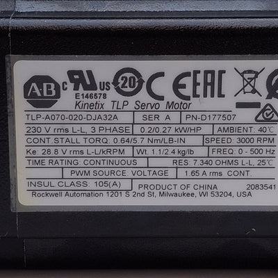 Used Allen Bradley TLP-A070-020-DJA32A Servo Motor 0.2kW, 230VAC, 6000rpm, 70mm Frame