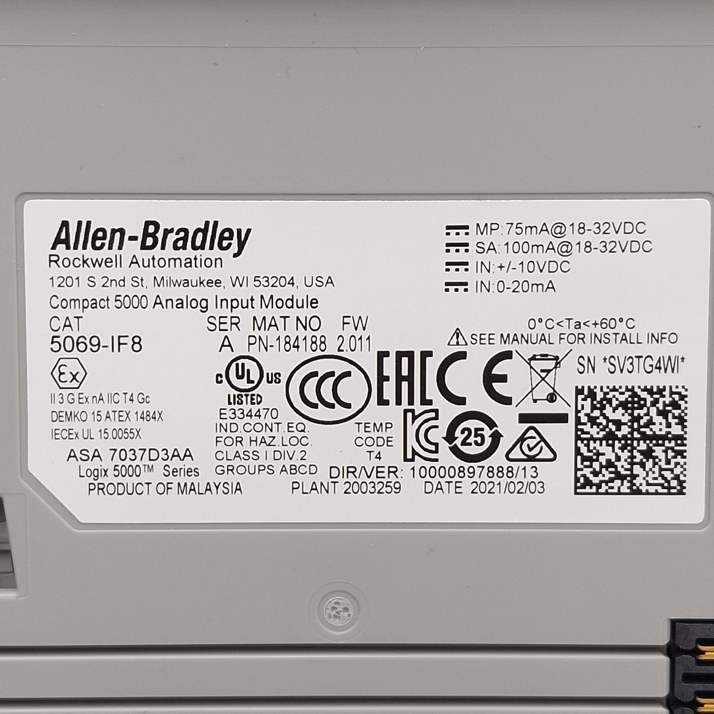Used Allen Bradley 5069-IF8 FW 2.011 Compact 5000 Analog Input Module, 8-Channel