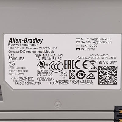 Used Allen Bradley 5069-IF8 FW 2.011 Compact 5000 Analog Input Module, 8-Channel
