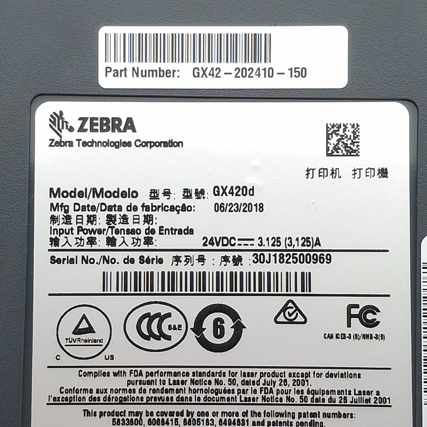 Used Zebra GX42-202410-150 GX420D Thermal Barcode Printer, 203dpi, 4in Width, 24VDC