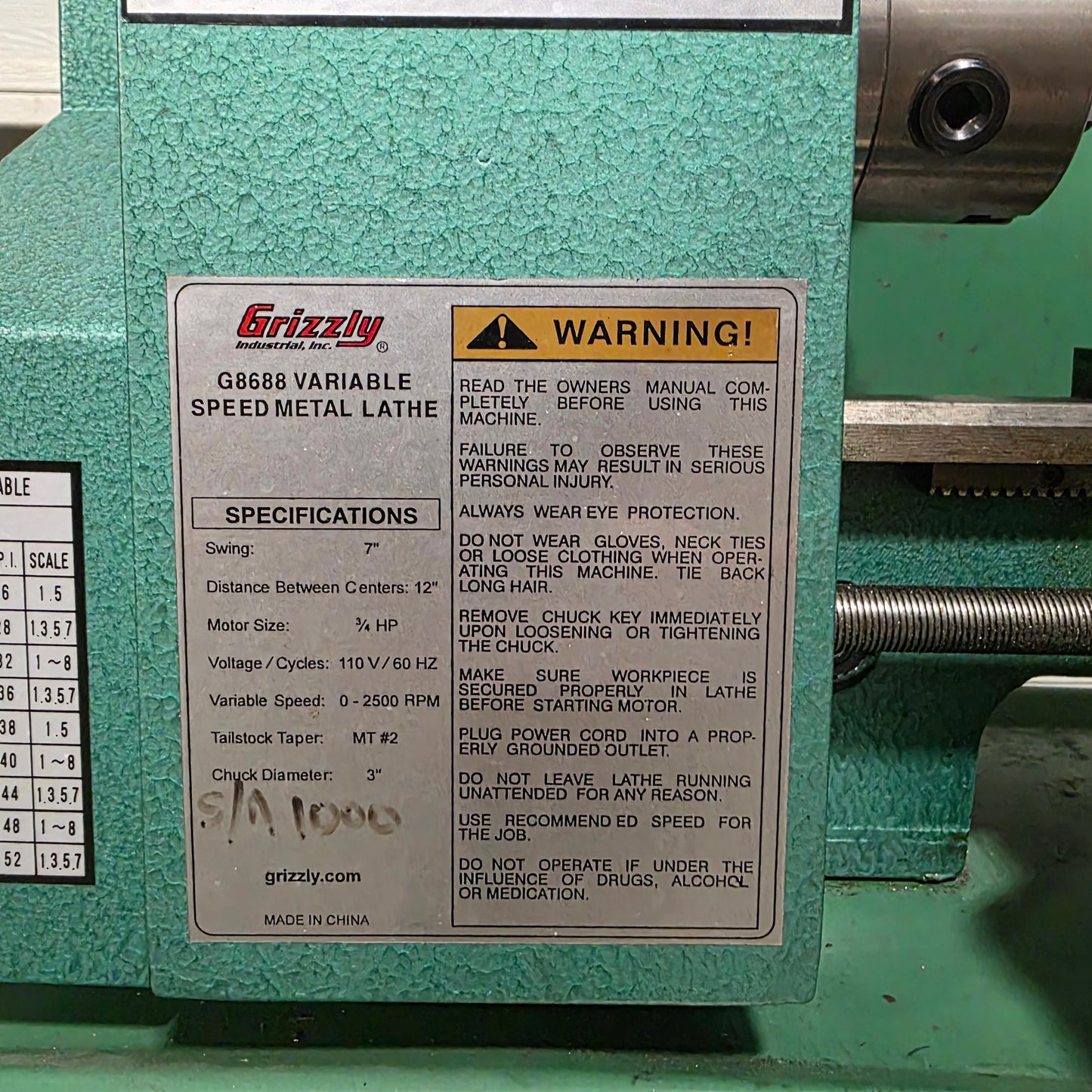 Used Grizzly G8688 7" x 12" Benchtop Mini Lathe 7" Swing, 100-2500RPM, 120VAC 2.8A