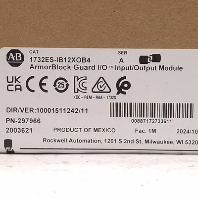 New Allen Bradley 1732ES-IB12XOB4 ArmorBlock Guard I/O Module, 12-Input 4-Output M12