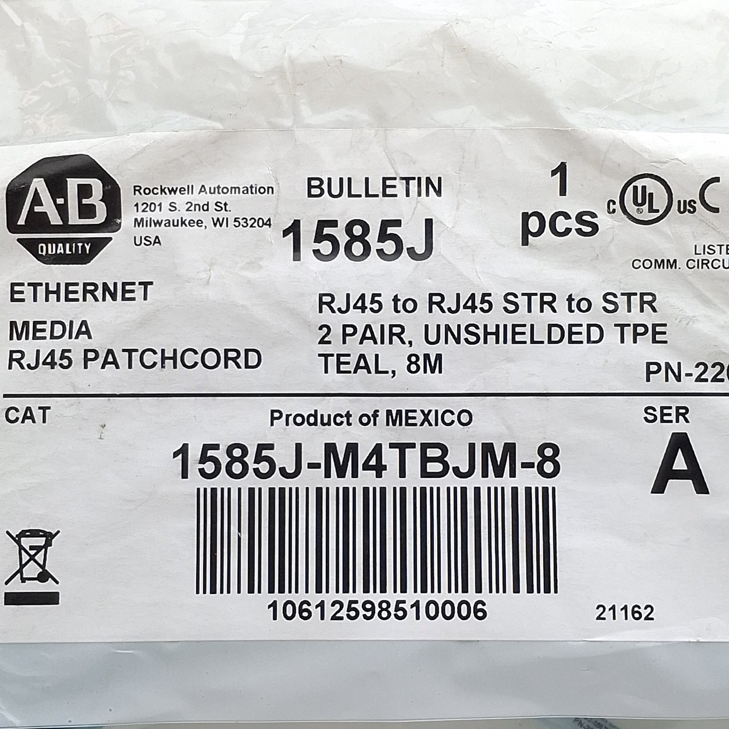 New Allen Bradley 1585J-M4TBJM-8 Ethernet Cable, RJ45 M to RJ45 M, 100Mbit/s, 8m