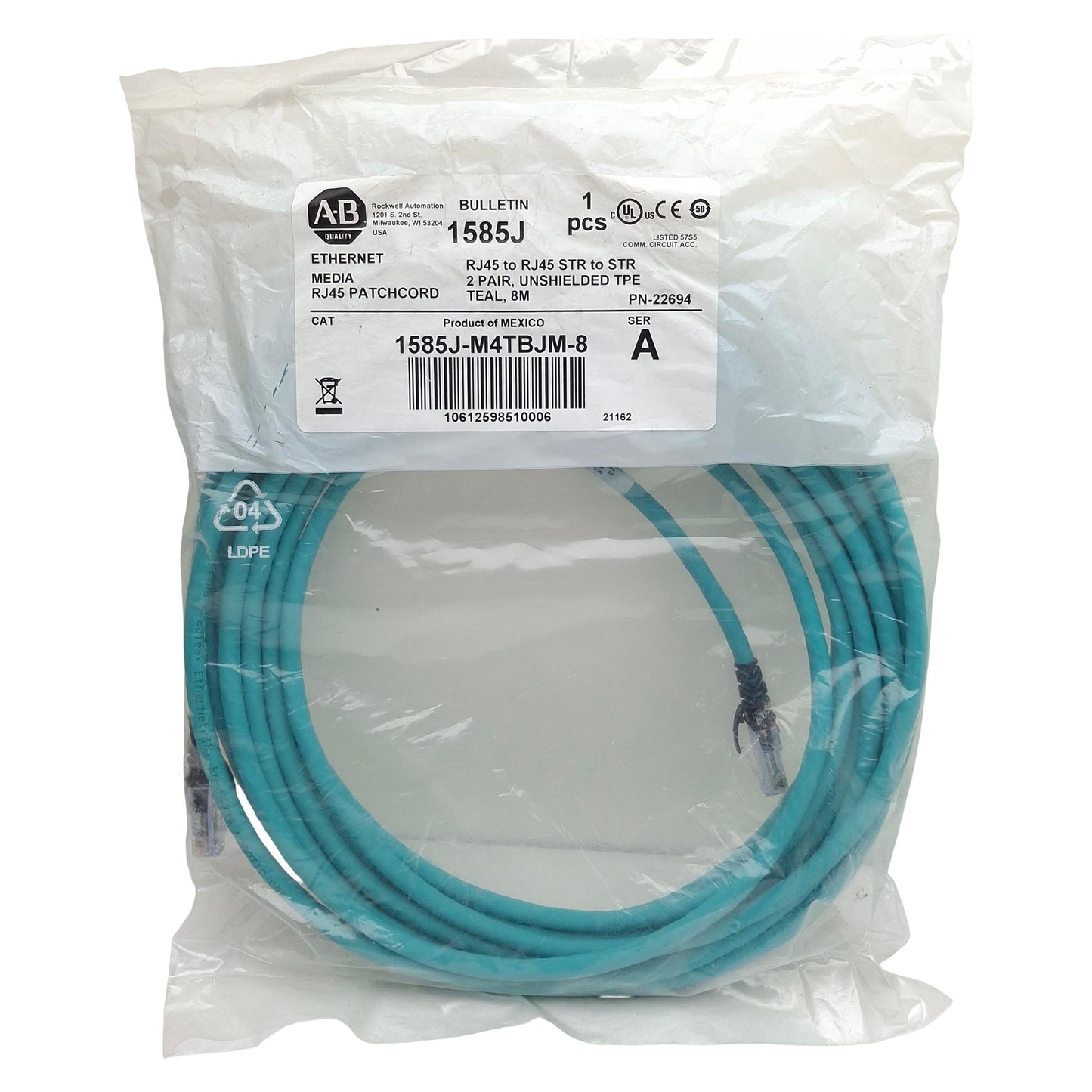 New Allen Bradley 1585J-M4TBJM-8 Ethernet Cable, RJ45 M to RJ45 M, 100Mbit/s, 8m