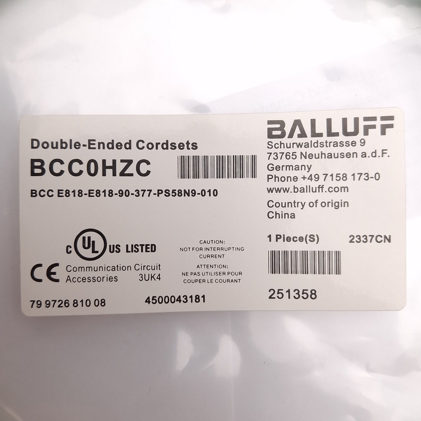New Balluff BCC0HZC Ethernet/Profinet Double-Ended Cordset, Cat6A 10Gbit/s RJ45 1.0m