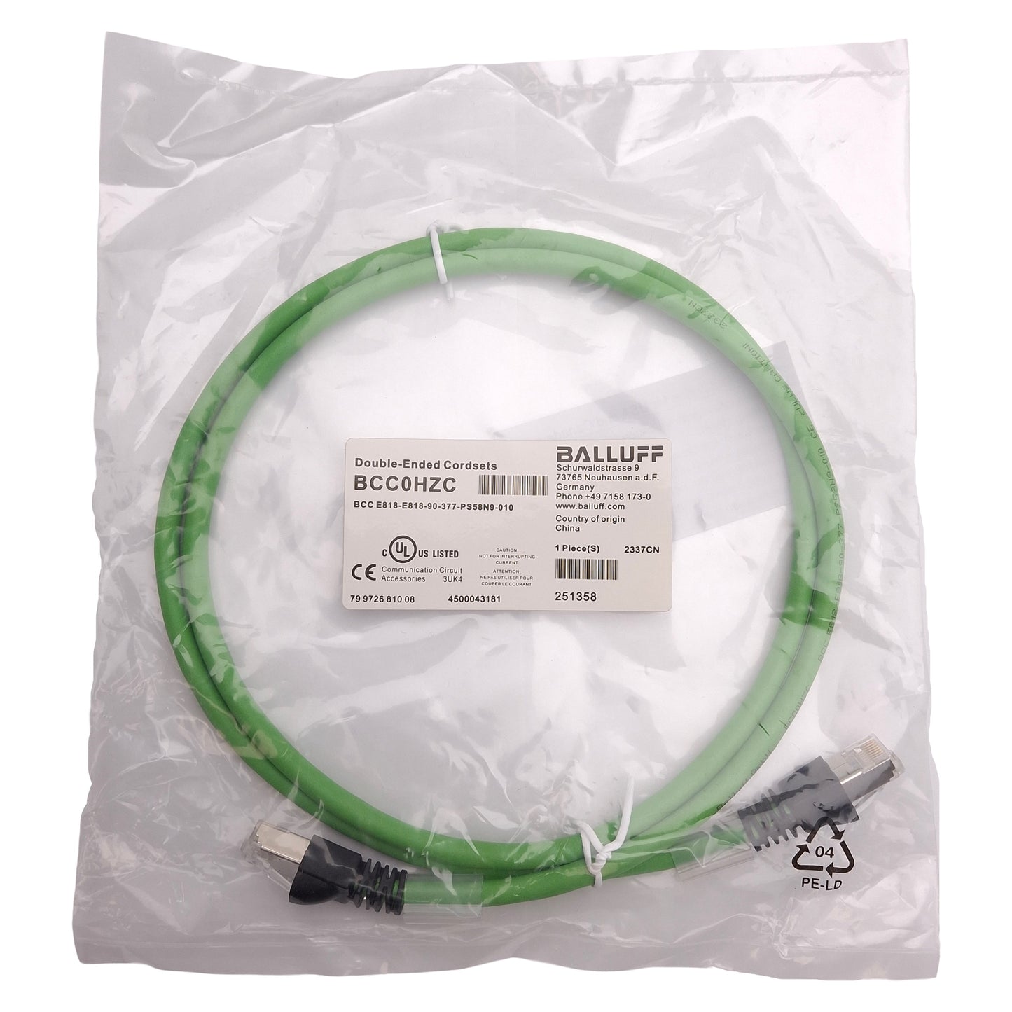 New Balluff BCC0HZC Ethernet/Profinet Double-Ended Cordset, Cat6A 10Gbit/s RJ45 1.0m