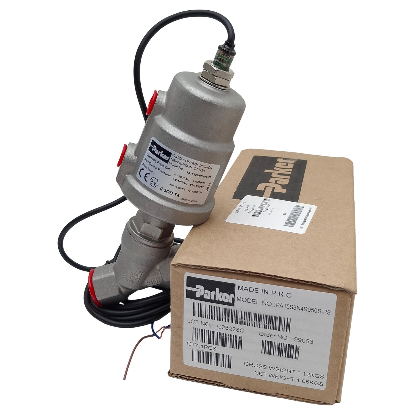 New Parker PA15S3N4R050S-PS Angle Seat Valve, 2-Way NO, 1/2in NPT, 232psi Max, 5.5cv