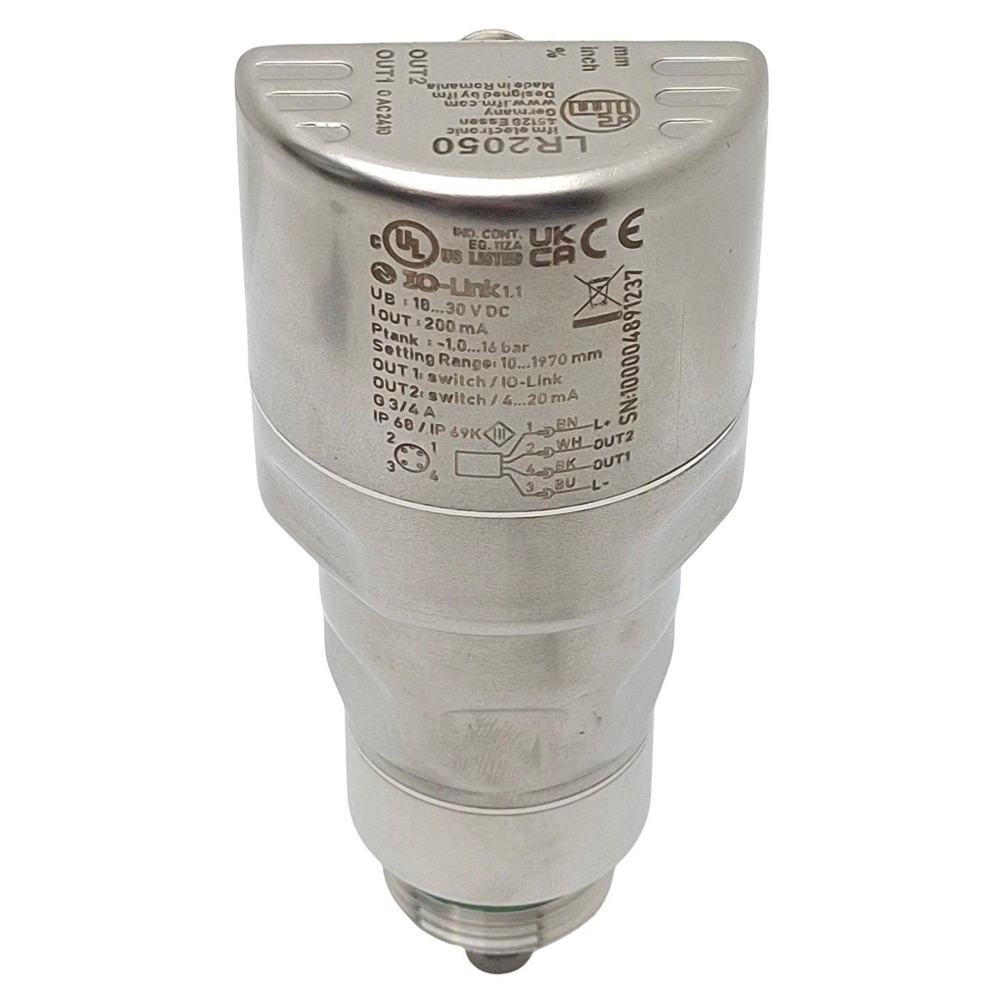 New IFM LR2050 Continuous Level Sensor, PNP/NPN, 18-30VDC, 16bar, 10-1970mm Range