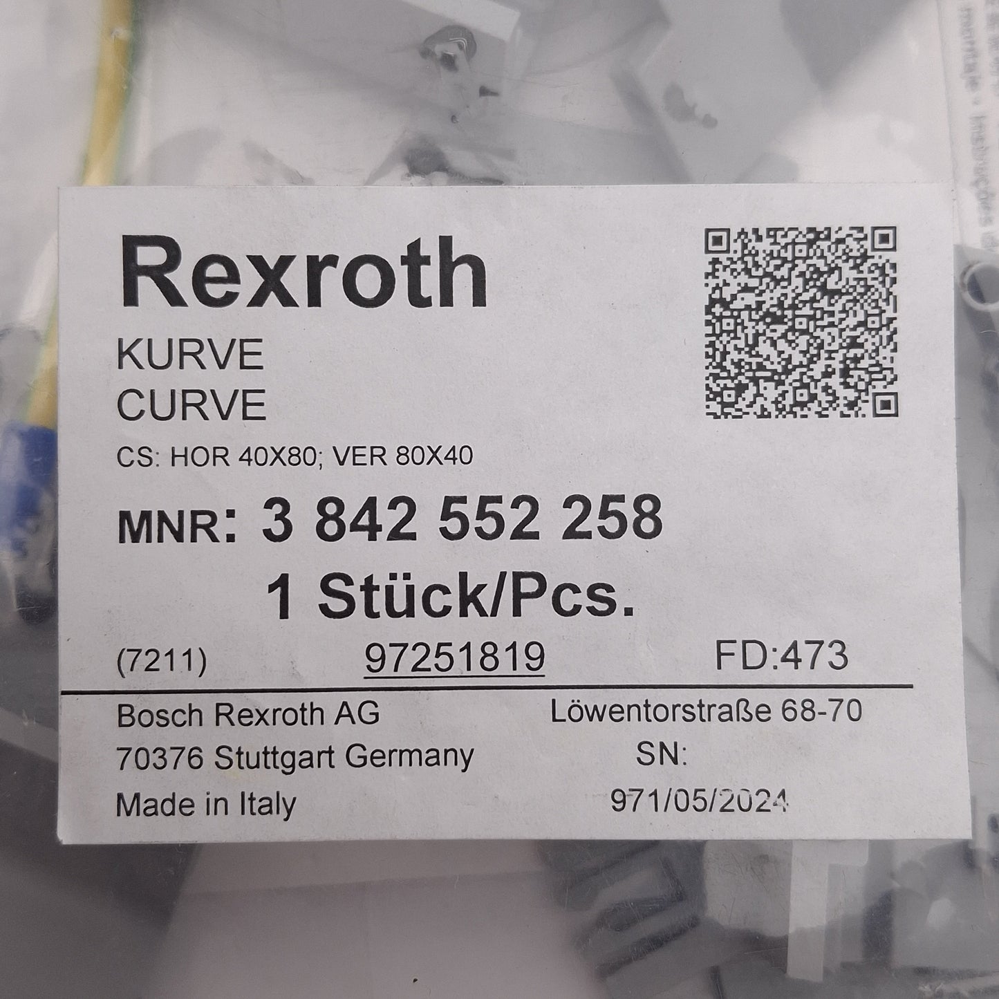 New Rexroth 3842552258 Modular Cable Duct Curve, 90 Degree, HOR 40x80, VER 80x40