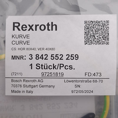 New Rexroth 3842552259 Modular Cable Duct Curve, 90 Degree, HOR 80x40, VER 40x80