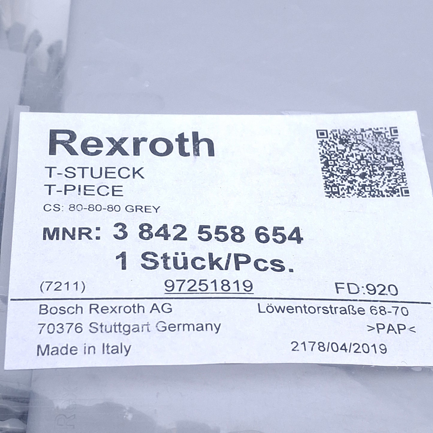 New Rexroth 3842558654 Modular Cable Duct, T-Piece, 80x80x80mm Dimensions, Grey