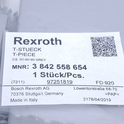 New Rexroth 3842558654 Modular Cable Duct, T-Piece, 80x80x80mm Dimensions, Grey