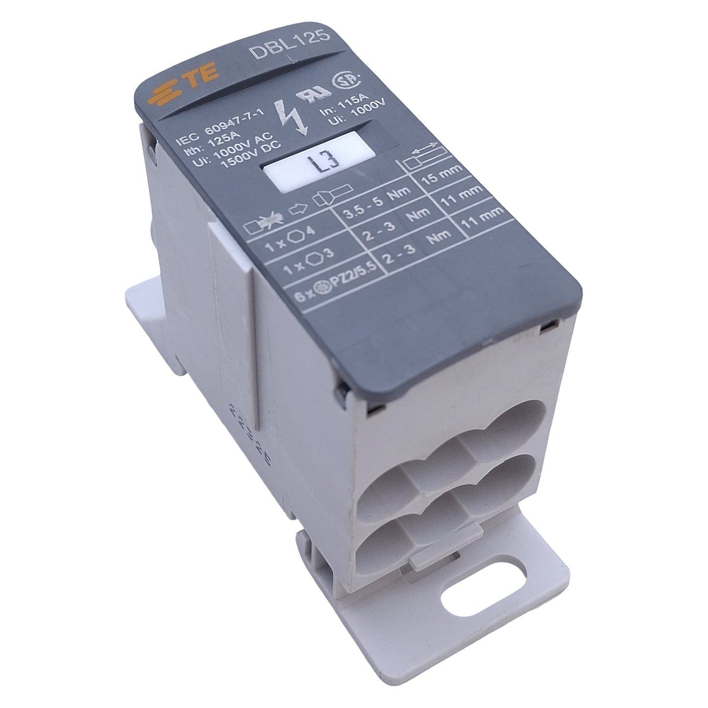 Used TE Connectivity DBL125 Distribution Block 125A 1000VAC 1500VDC, DIN Rail Mount