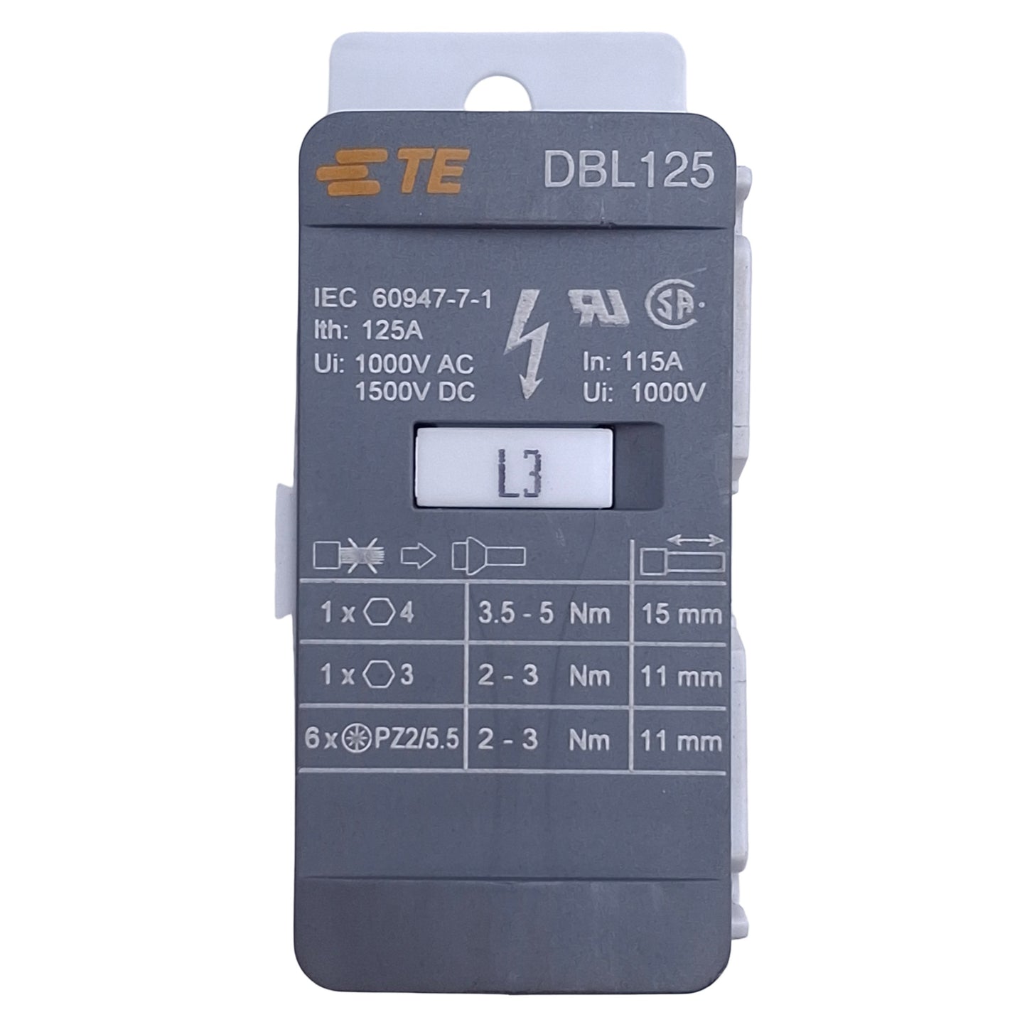 Used TE Connectivity DBL125 Distribution Block 125A 1000VAC 1500VDC, DIN Rail Mount