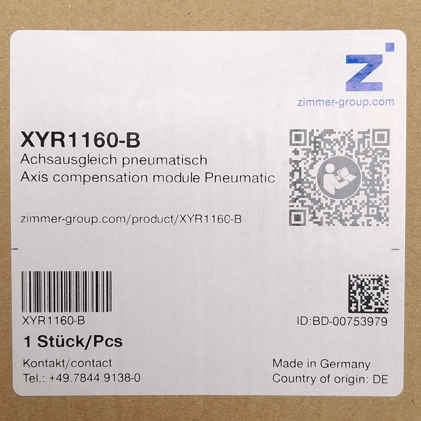New Zimmer XYR1160-B Axis Compensation Module, 10mm Stroke, 2000N, 1-8bar, TK 160