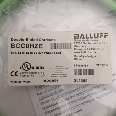 New Balluff BCC0HZE Ethernet/Profinet Double-Ended Cordset, Cat6A 10Gbit/s RJ45 2.0m