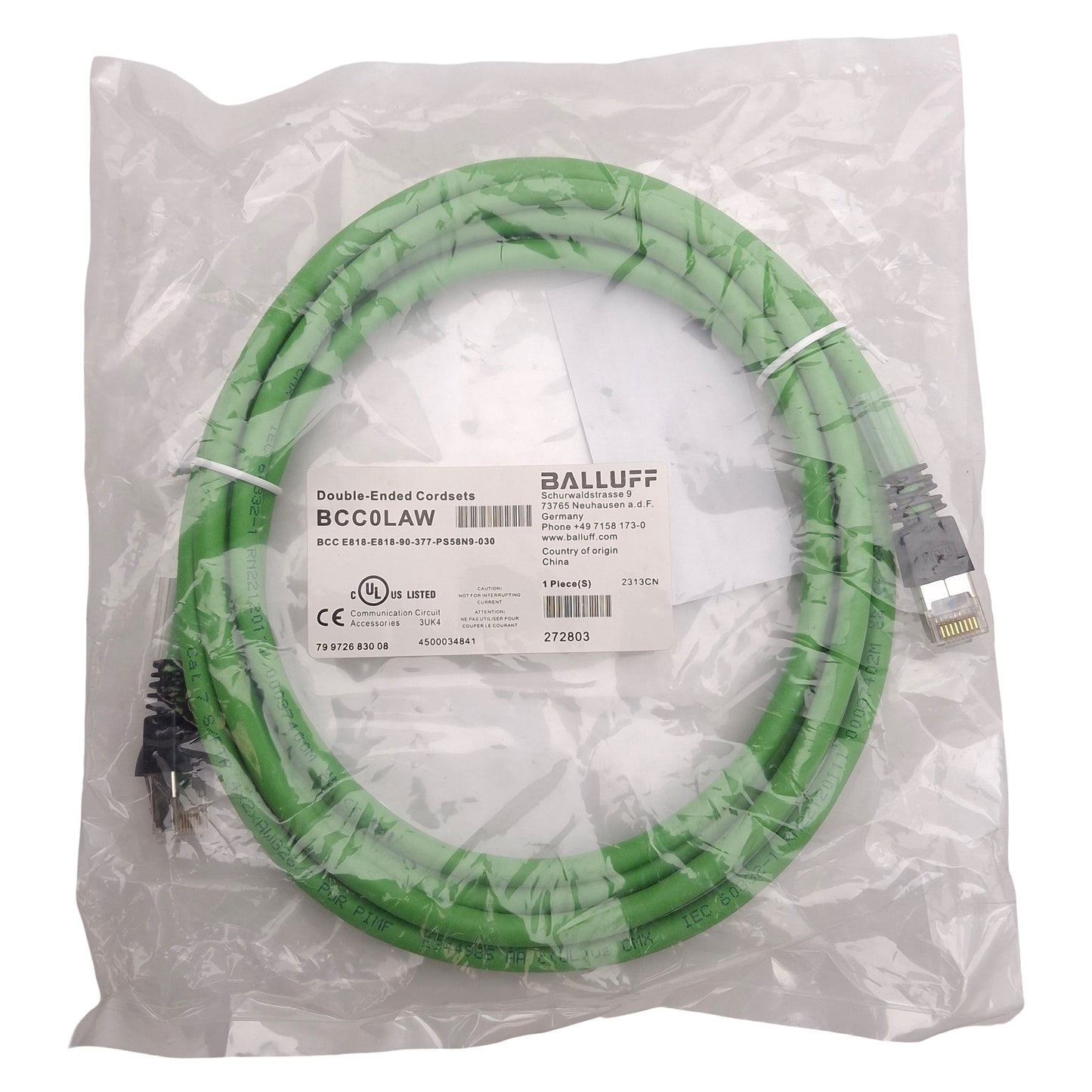 New Balluff BCC0LAW Ethernet/Profinet Double-Ended Cordset, Cat6A 10Gbit/s RJ45 3.0m