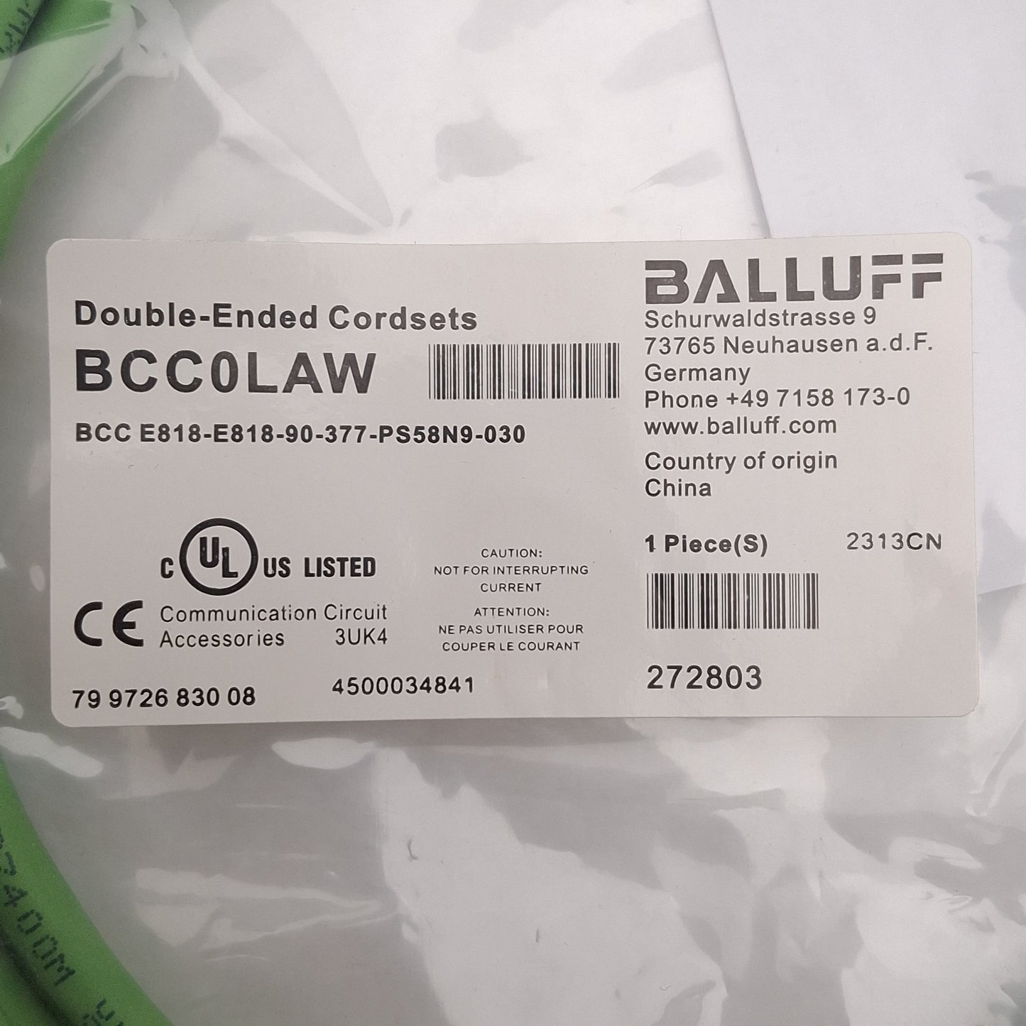 New Balluff BCC0LAW Ethernet/Profinet Double-Ended Cordset, Cat6A 10Gbit/s RJ45 3.0m